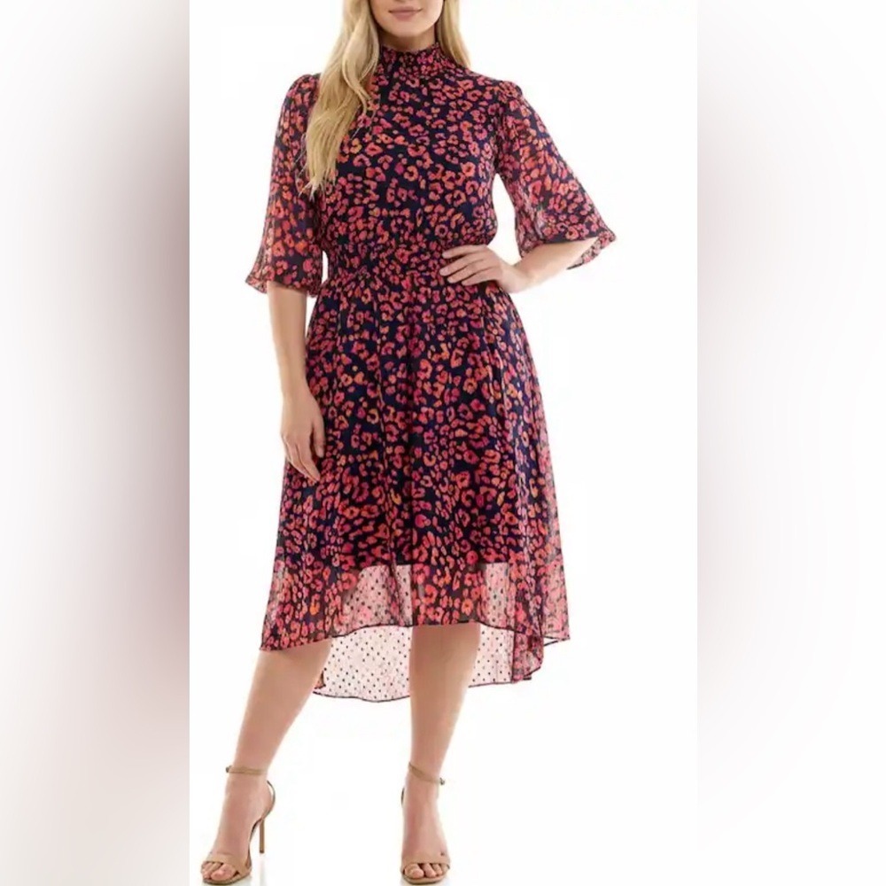 Nanette Lepore Pink Orange Leopard Print Smocked Midi Dress High Low Size 12